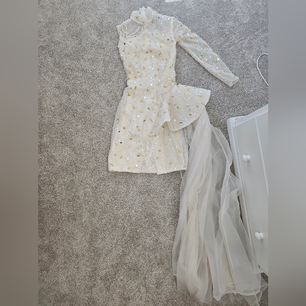 Elegant White and Gold Dress with Sheer Train
